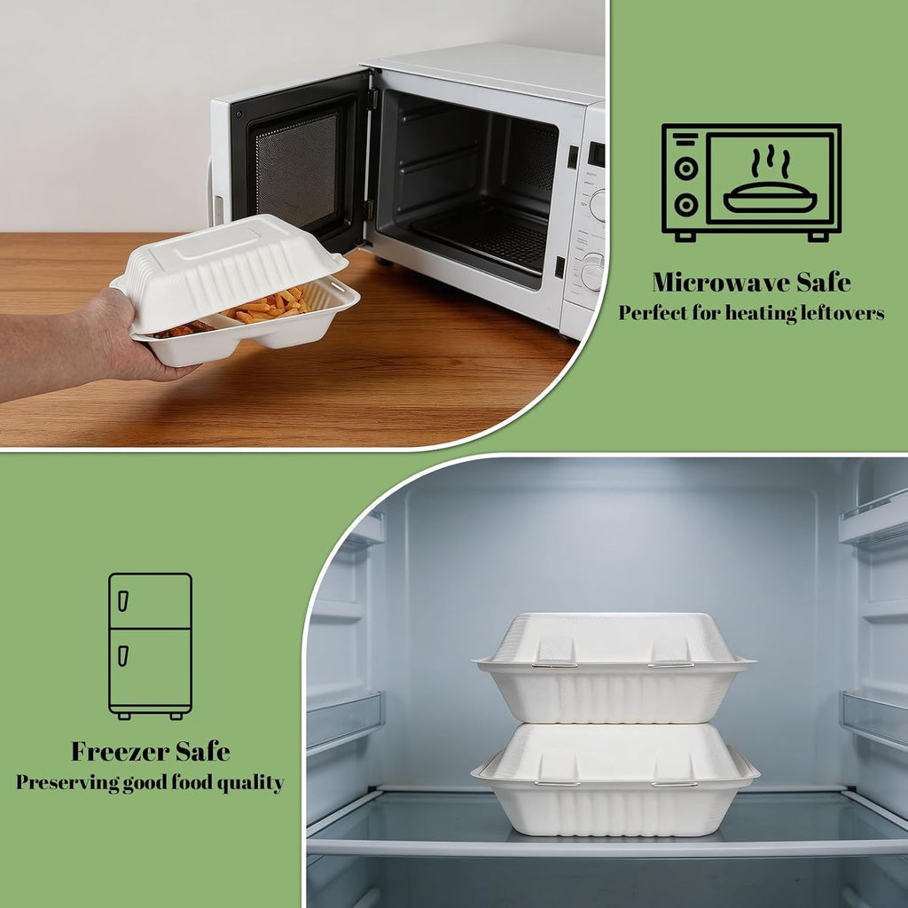 100 Pack 8×9 Inch 3-Compartment Compostable Bagasse Food Containers