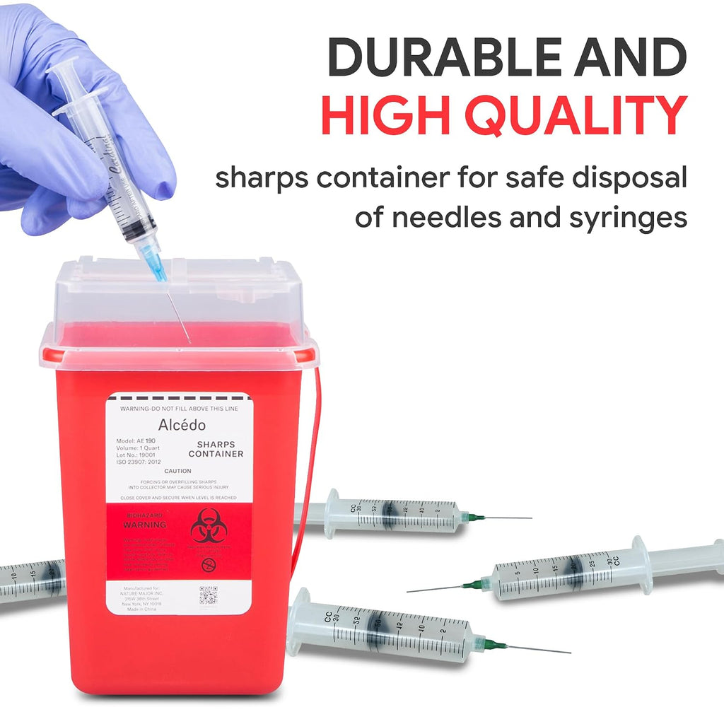 Sharps Container 1 Quart (1-Pack) for Home Use & Travel Disposal | Small & Portable, Convenient Handle, Built-In