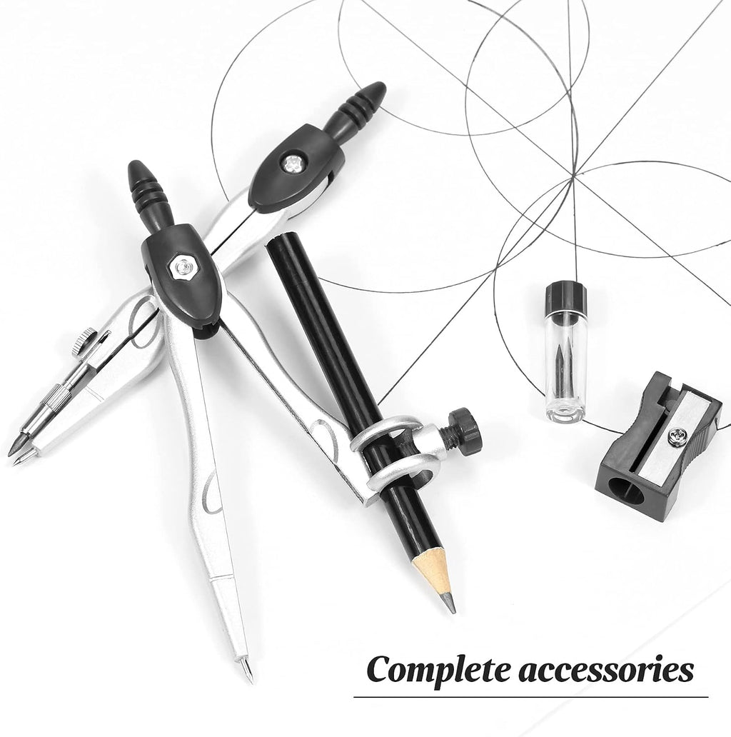 Math Geometry Kit Sets 10 Piece Student Supplies, Compass Set, Black | Shatterproof Storage