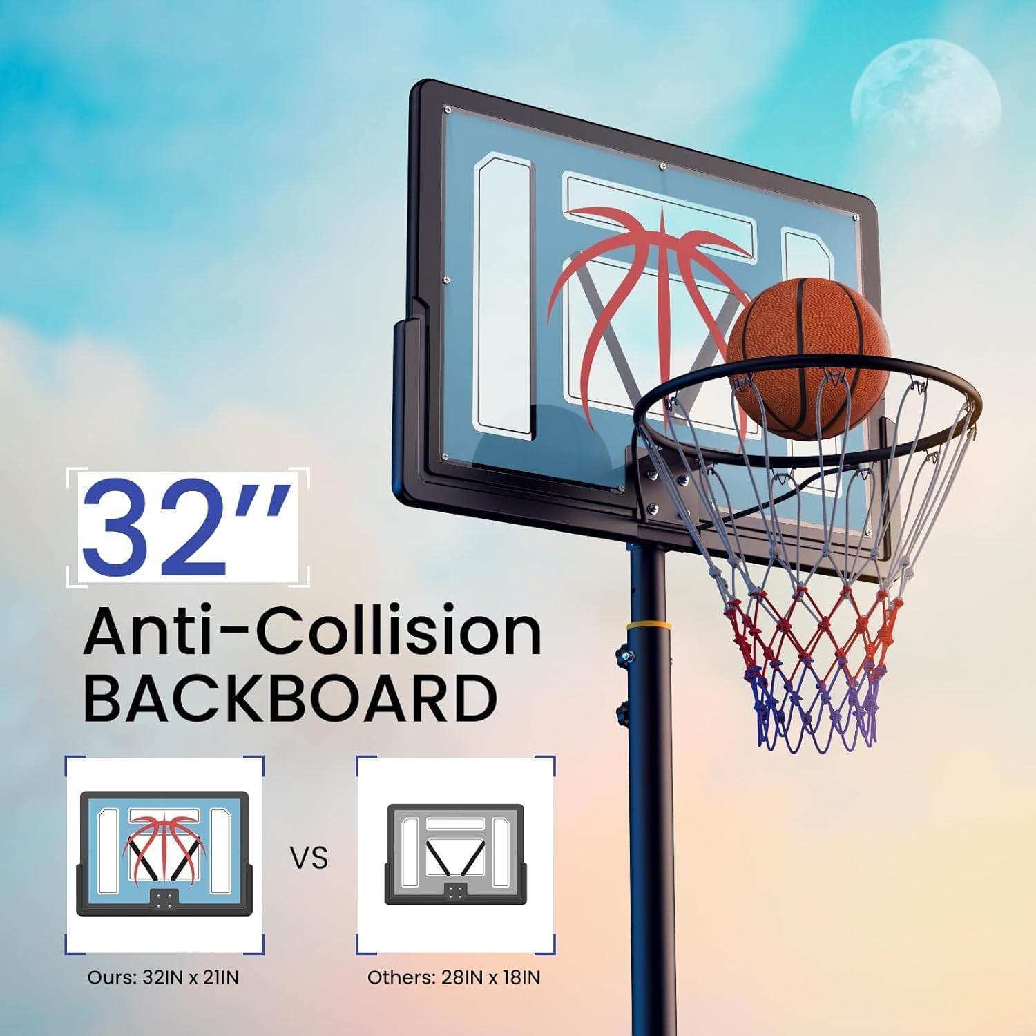 Basketball Hoop Outdoor 4.82-8.53ft Adjustable, Portable Basketball Goals | With 2 Wheels, 32 Inch PC