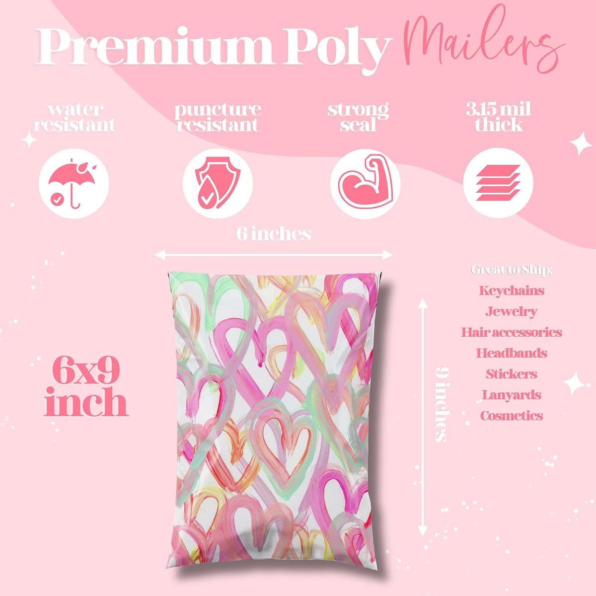 Poly Mailer 6x9, Happy Hearts, 100 Pack