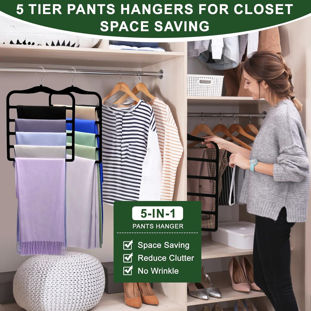 Closet Organizers and Storage, 3 Pack Pants-Hangers-Space-Saving, Velvet Non Silp 5 Tier Scarf Jeans Closet