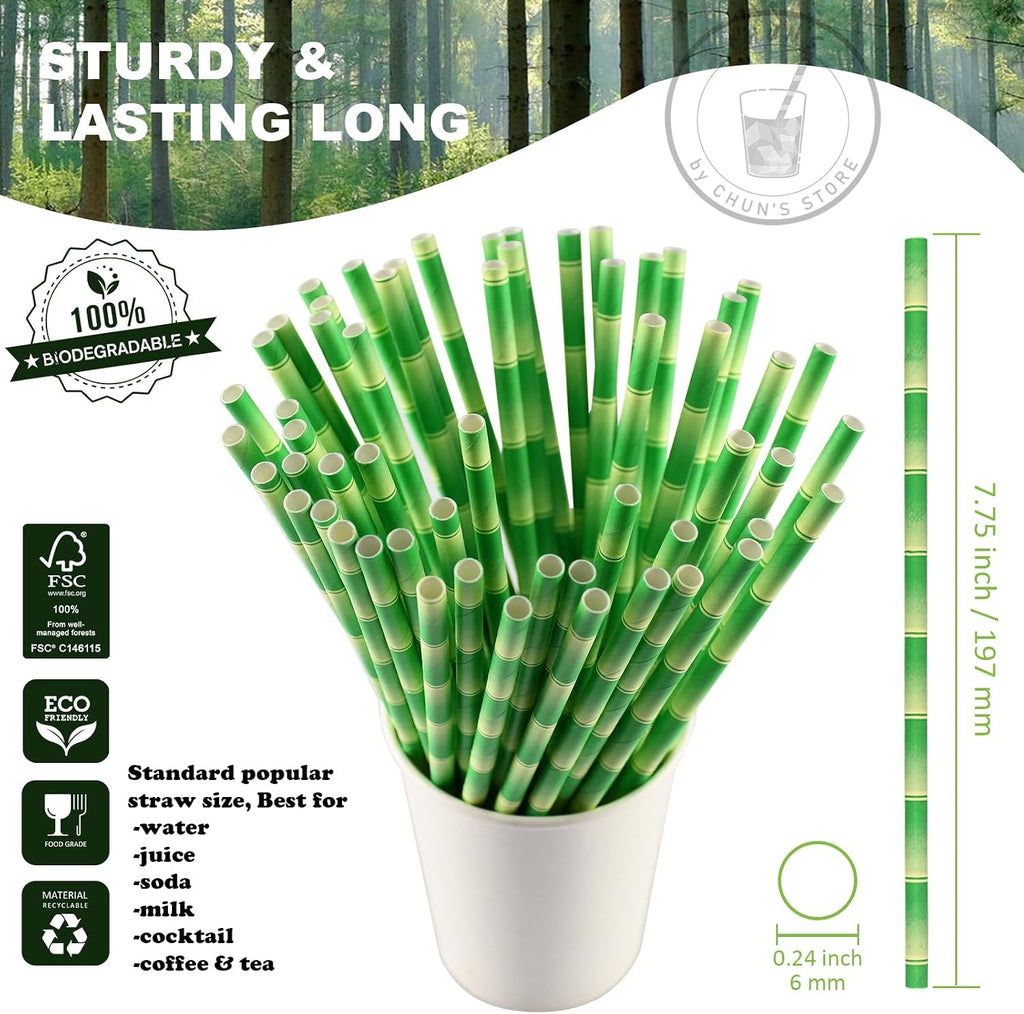 7.75" Green Bamboo Paper Drinking Straws Bulk 1000 Disposable Biodegradable