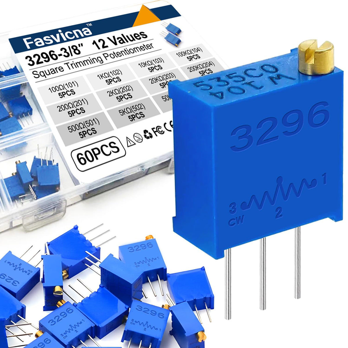 60PCS 3296W Multiturn Trimmer Potentiometer Kit, 12 Values 100Ω-500KΩ