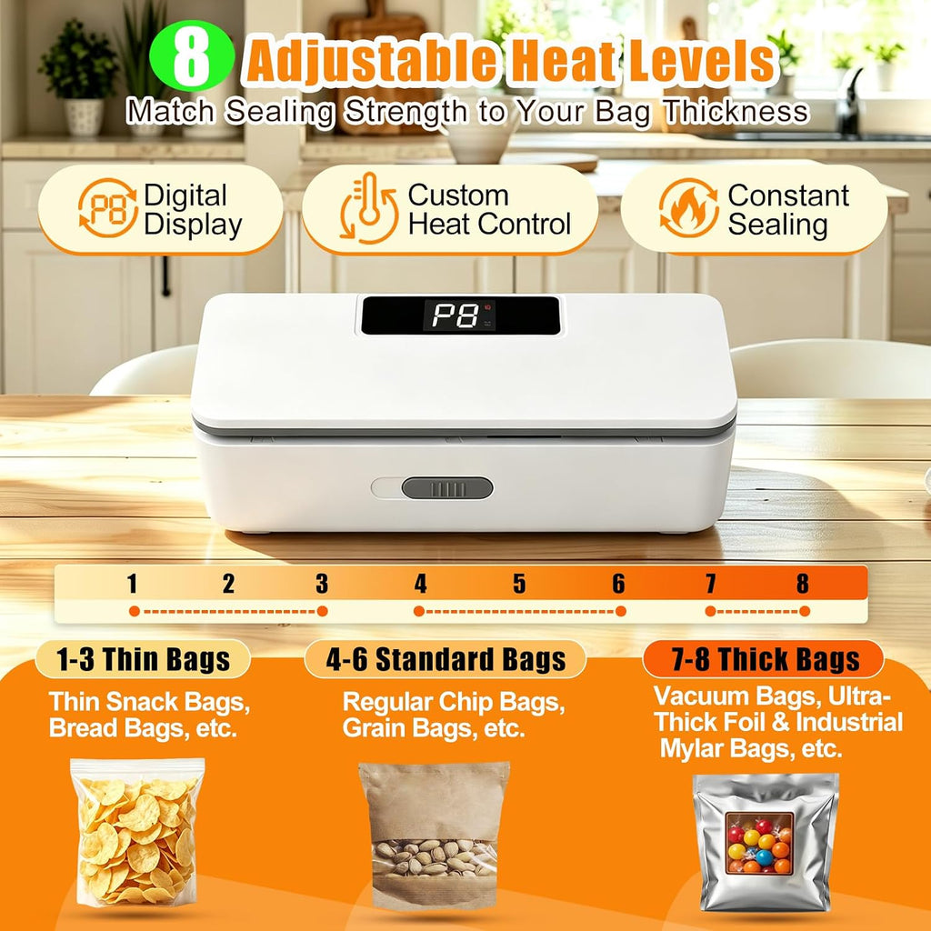 Mini Bag Sealer, 8 Adjustable Chip Sealer with Secure Lock, Cutter, Magnet