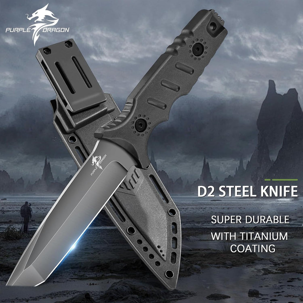Full Tang Fixed Blade Tactical Knife with Sheath | High Carbon Steel Camping Knife with Ergonomic Black Handle, Built