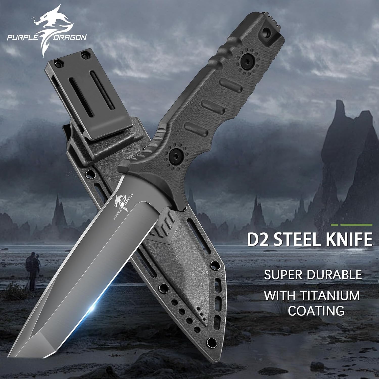 Full Tang Fixed Blade Tactical Knife with Sheath | High Carbon Steel Camping Knife with Ergonomic Black Handle, Built