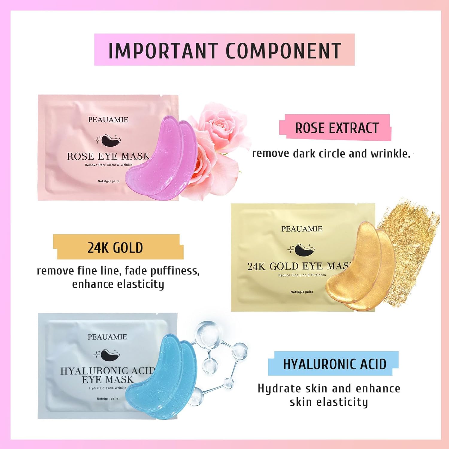 Under Eye Patches Gold and Hyaluronic Acid for puffy eyes,Rose Eye Masks for Dark Circles and Puffiness skin care