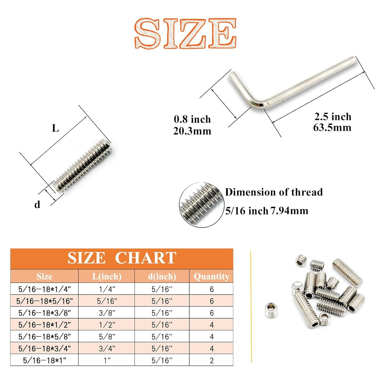 32pcs 5/16-18 7 Sizes Hex Socket Set Screws Assortment Kit, 304 Stainless Steel Cup Point Grub Screw for Bathroom Fixtures Door Handles Stripper Pole Rack Screws Precision Instrument ETS