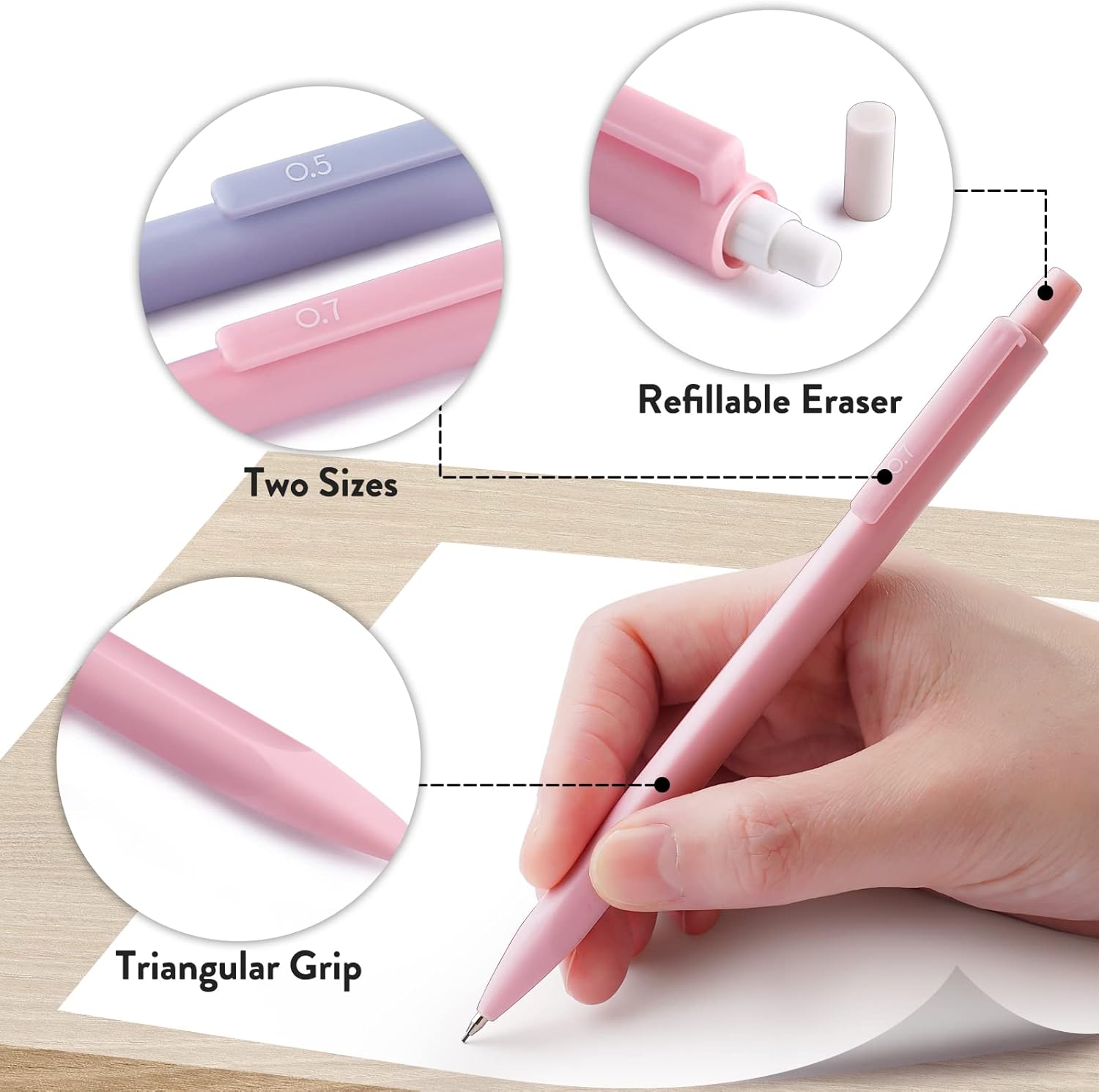 Cute Mechanical Pencil Set, 6-Pack 0.5/0.7mm | 360 Lead Refills, 3 Erasers, 9 Eraser Refills, Storage Case, Back to