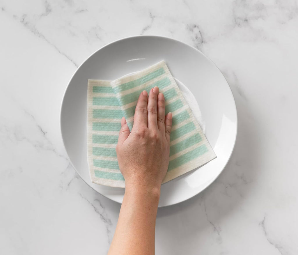 Swedish Kitchen Absorbent Sponge Dish Cloths, Teal Stripes, 8 Count