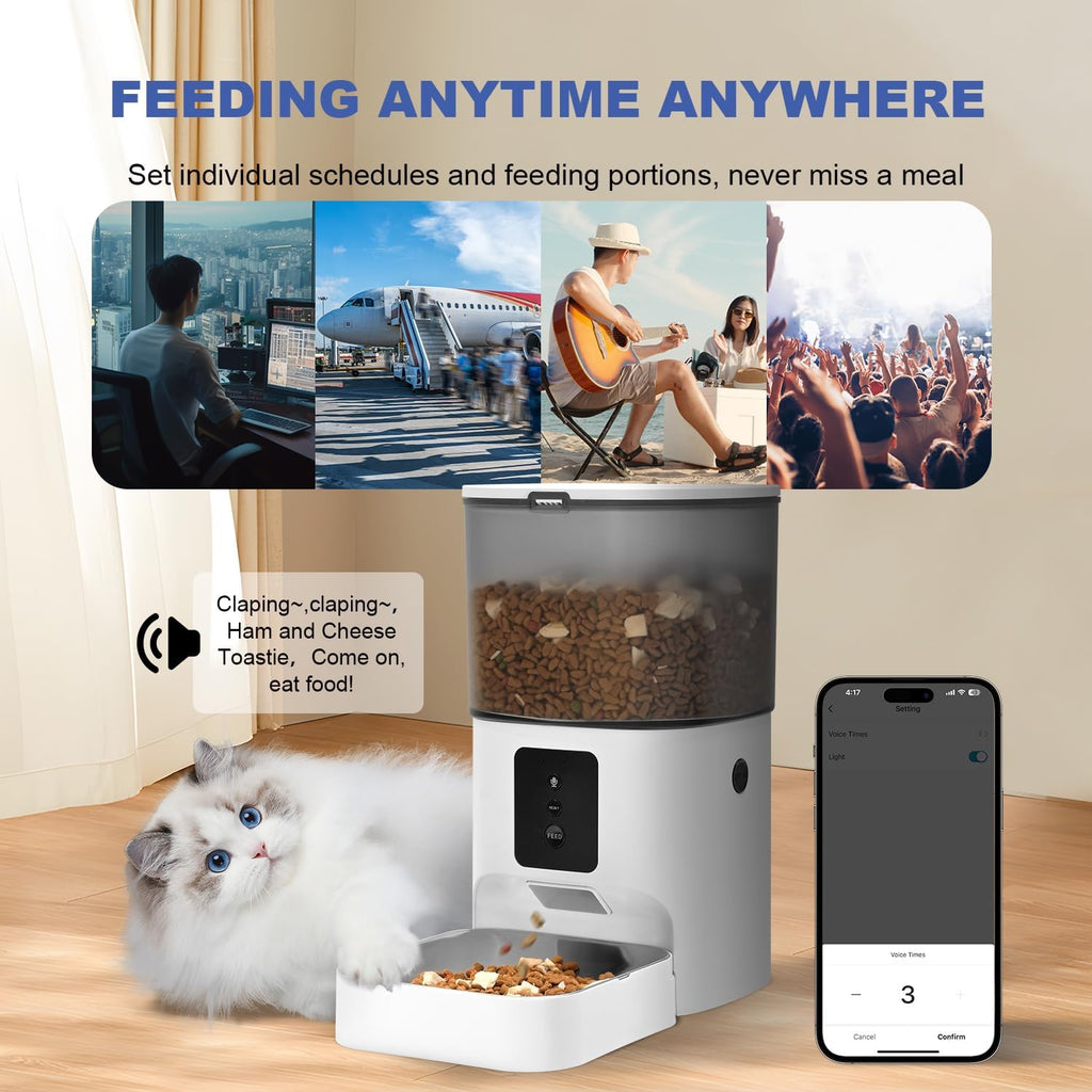 Automatic Cat Feeder, 4L WiFi Food Dispenser with 10s Voice Recorder, Pet Feeder up to 10 Meals per Day, Timed Cat