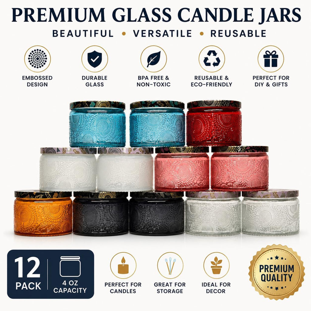12-Pack 4oz (120ml) Embossed Glass Candle Jars with Lids, Labels & Wicks - Empty Candle Containers for Candle Making