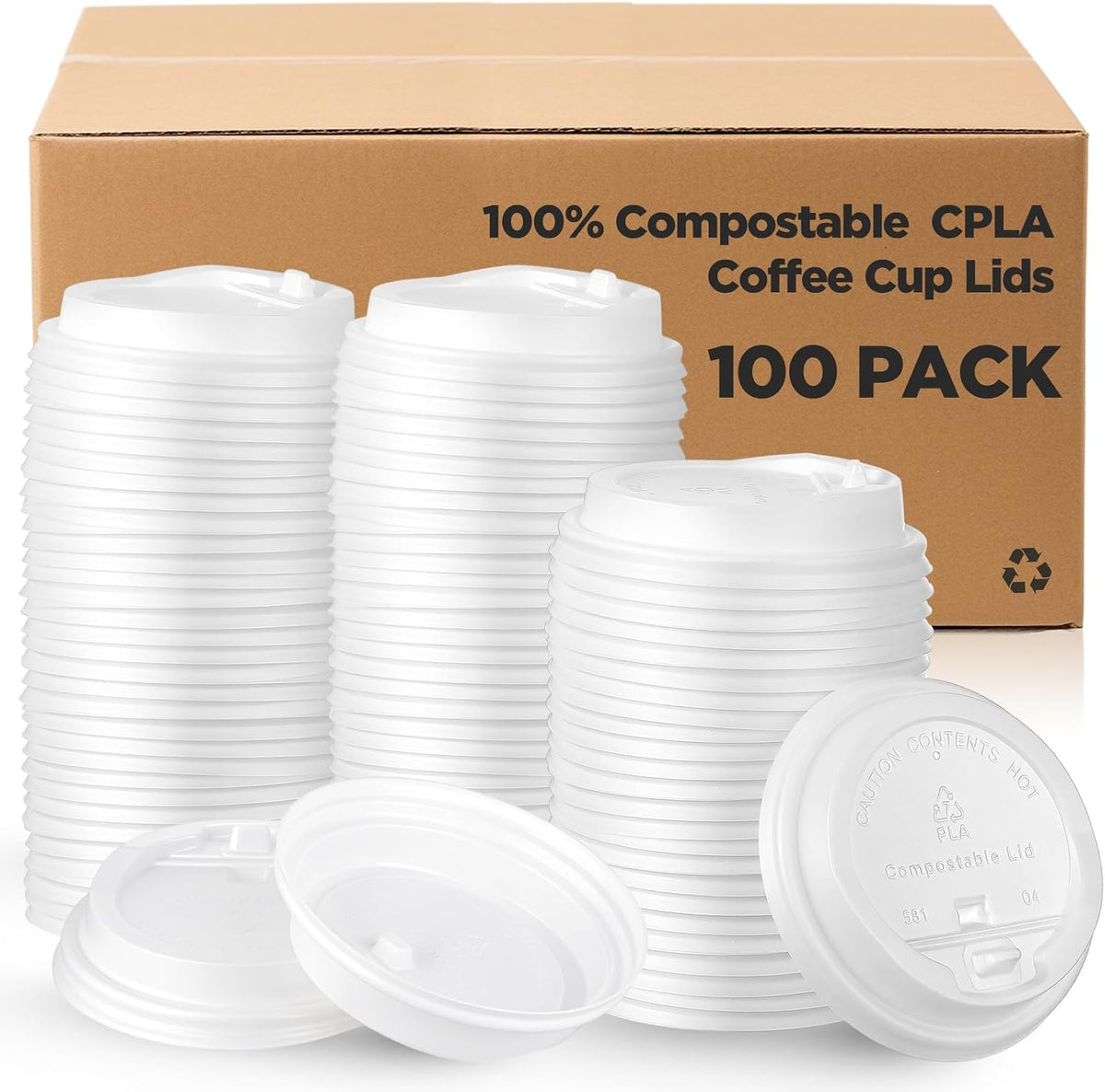 100 Count 100% Compostable CPLA Coffee Cups Lids Bulk, 3.54 Inch