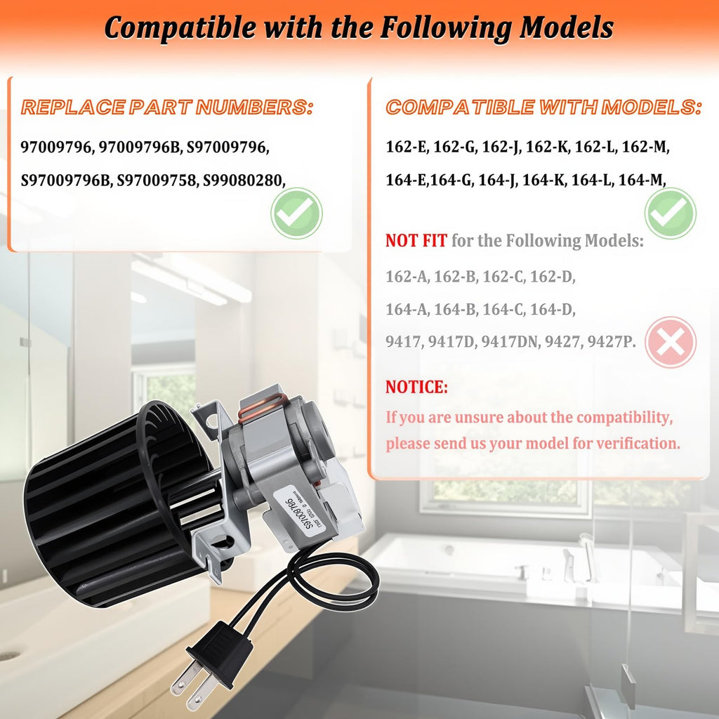 S97009796 Bathroom Fan Motor Assembly for Bulb Ceiling Heater 164-E/G/J/K/L/M & 162-E/G/J/K/L/M Bath Fan Motor Blower Replacement Parts 97009796, S97009758, S99080280