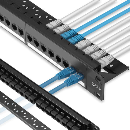 Patch Panel 24 Port Cat6 with Inline Keystone 10G Support, Pass-Thru Coupler Patch Panel UTP 19-Inch with Removable