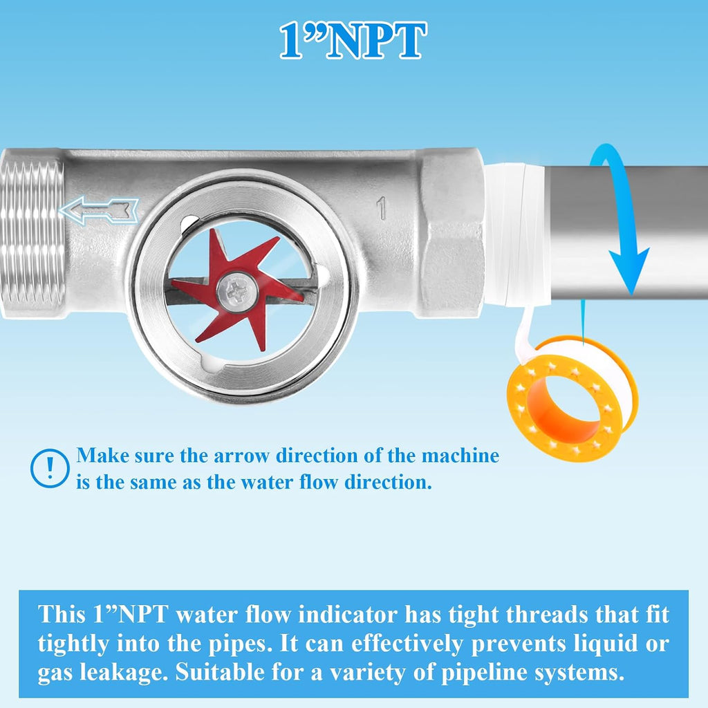 1" NPT Water Flow Indicator Flow Meter Indicator with Tape Stainless Flowmeter for Water Oil Gas