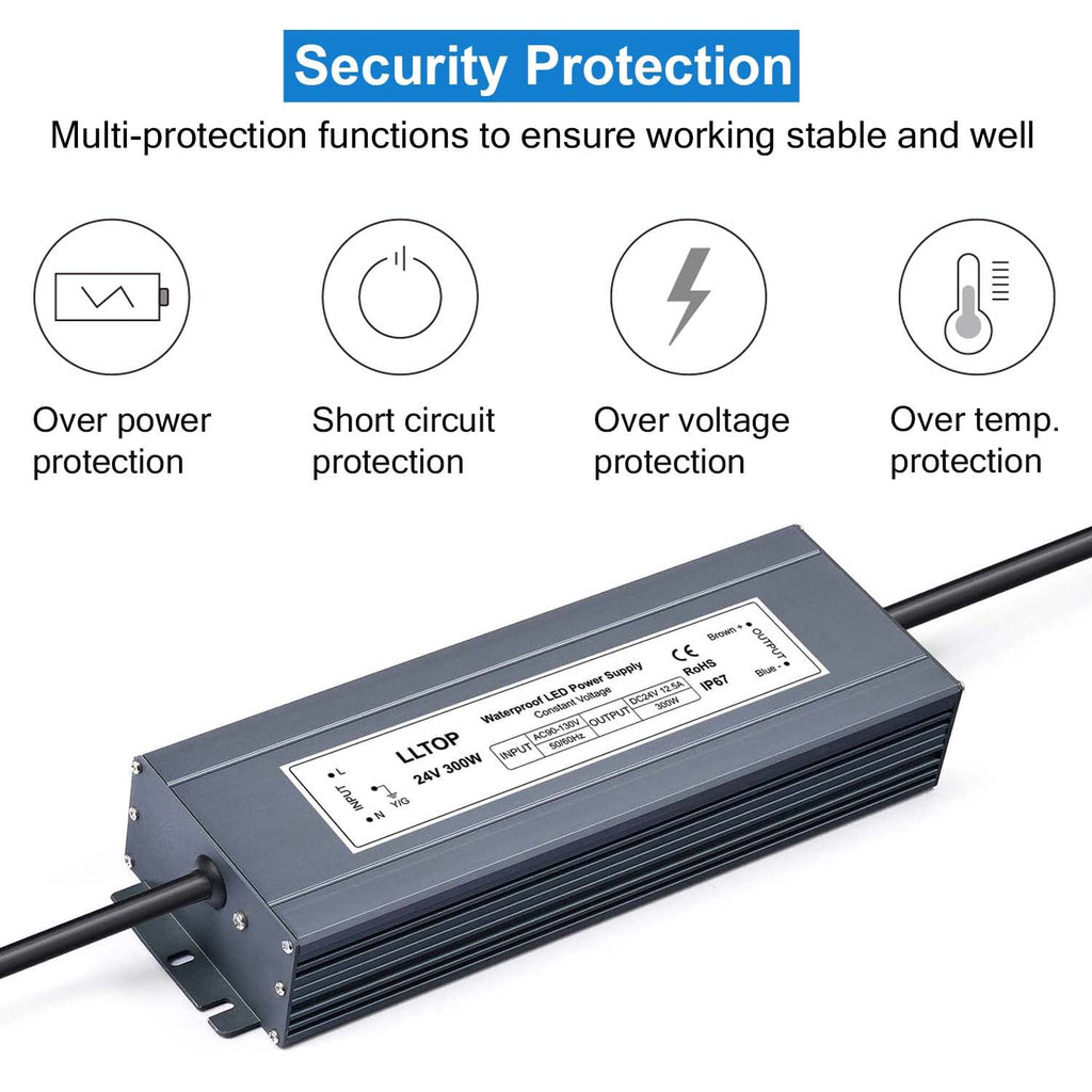 24V DC LED Driver Waterproof IP67 Power Supply 300W 12.5A