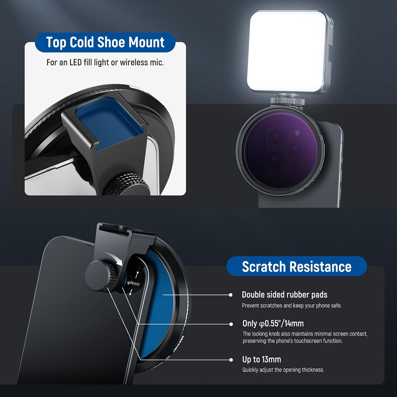 67mm Clip On Variable ND2-ND32 Phone Lens Filter Kit, Phone Clip with Magnetic Adapter Ring/Cold Shoe/Locking Knob
