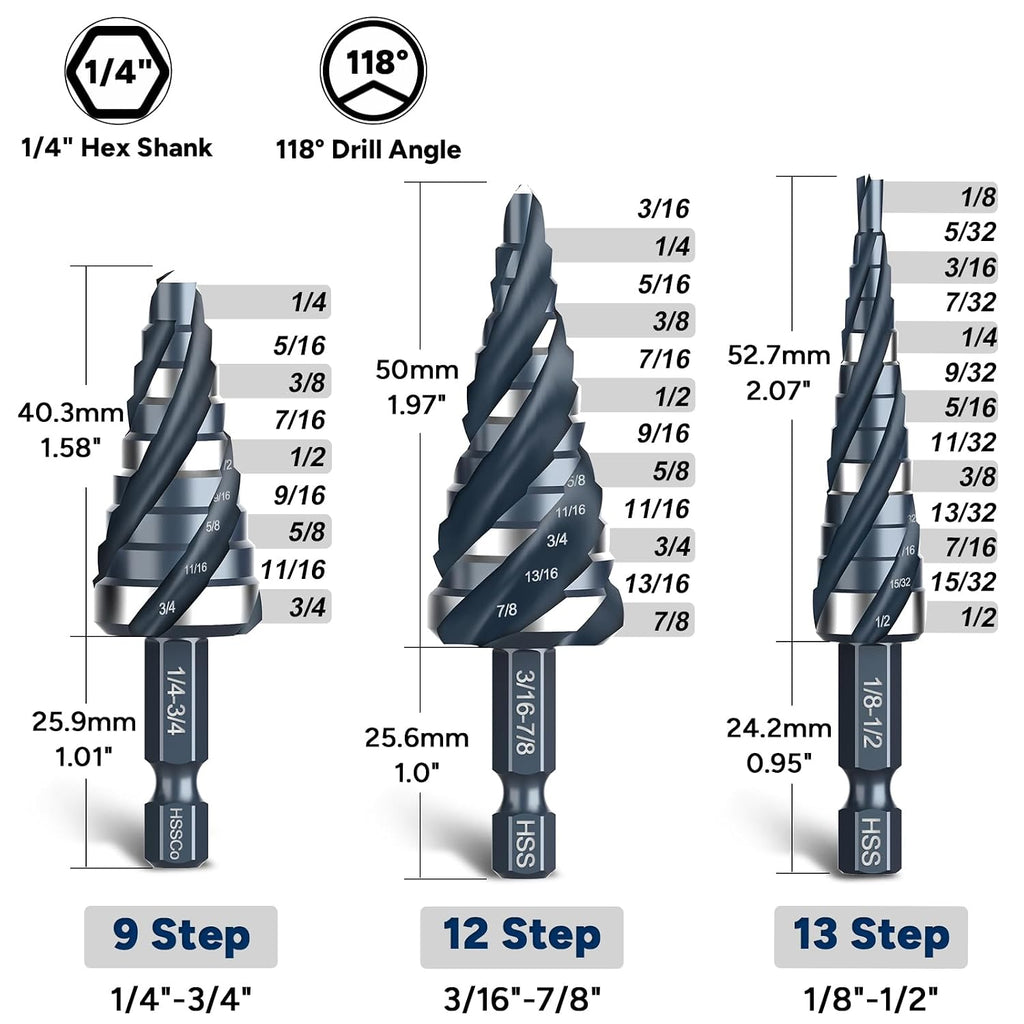 3-Piece Unibit Step Drill Bit for Metal, HSS Step Bit Set, 1/8"-7/8"