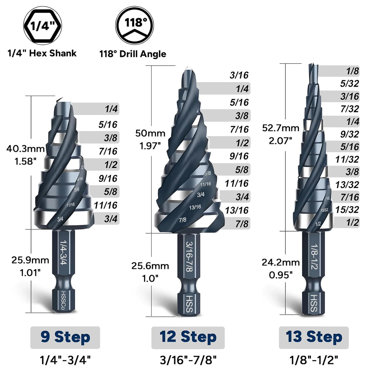 3-Piece Unibit Step Drill Bit for Metal, HSS Step Bit Set, 1/8"-7/8"
