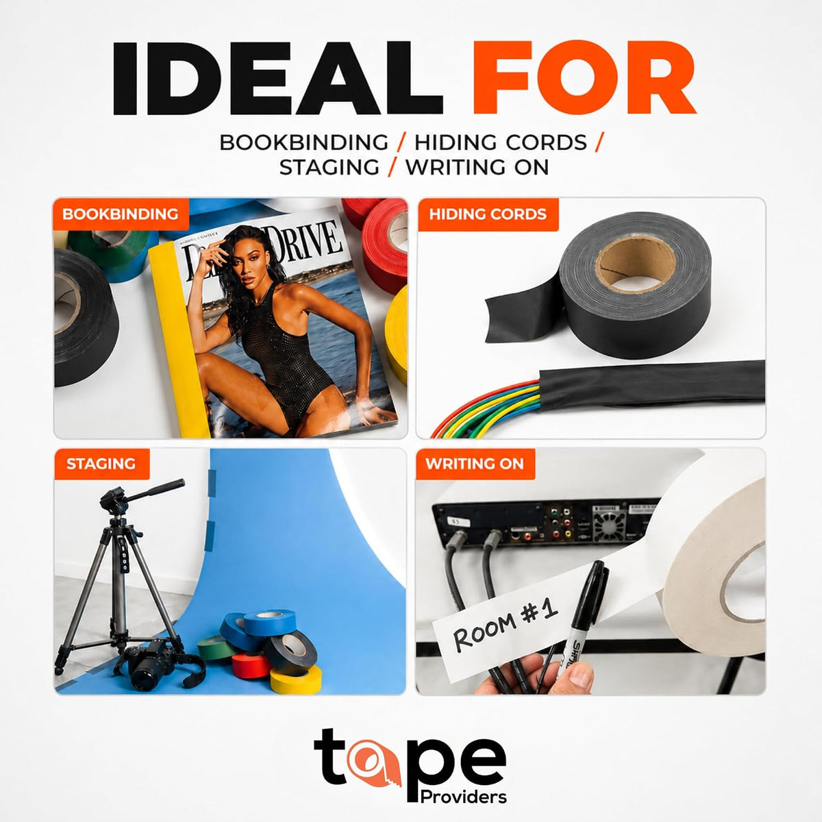 WOD Gaffer Tape, Black Low Gloss Finish Film, 1/2 inch x 60 ft. Residue Free, Non Reflective Cloth Fabric, Secure