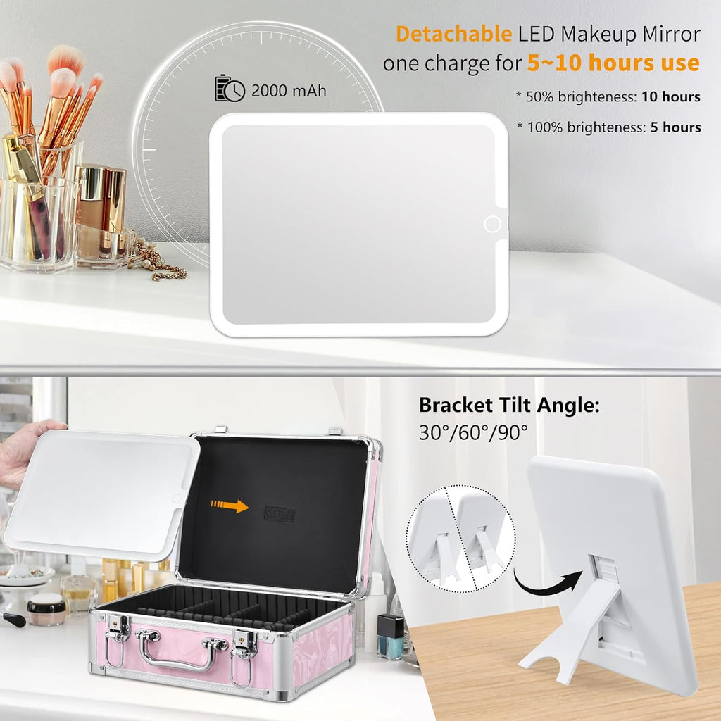 Makeup Case with LED Mirror - Pink Fluid-Color Makeup Box with Detachable Lighted Mirror, Travel Cosmetic Train Case