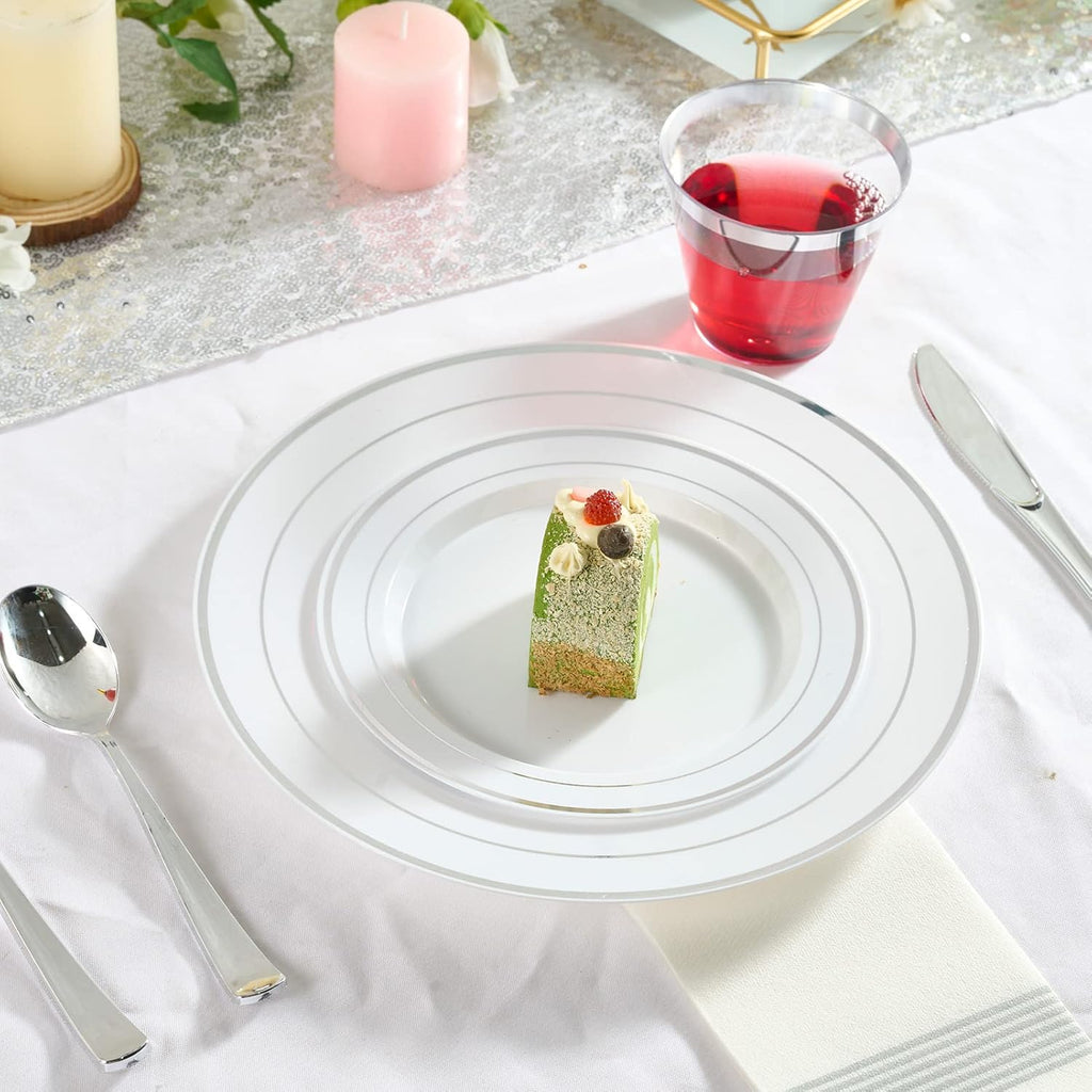 Silver Plastic Plates Set of 60,Disposable Plates with Silver Rim