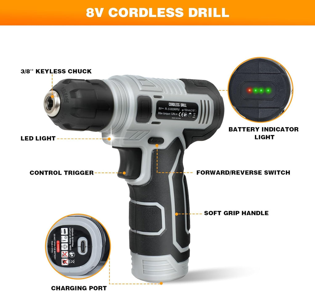 Upgraded 180 Piece Tool Set, Tool Kit with 8V Cordless Drill Set, General Household Hand Drill Kit for Men and Women