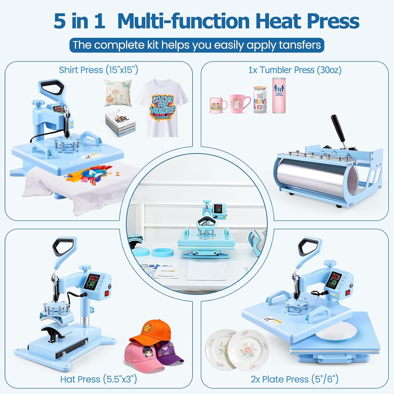 Heat Press 15x15 inch 5 in 1 with 30OZ Tumbler Press, 360° Swivel Away Slide Out Digital Shirt Press Machine