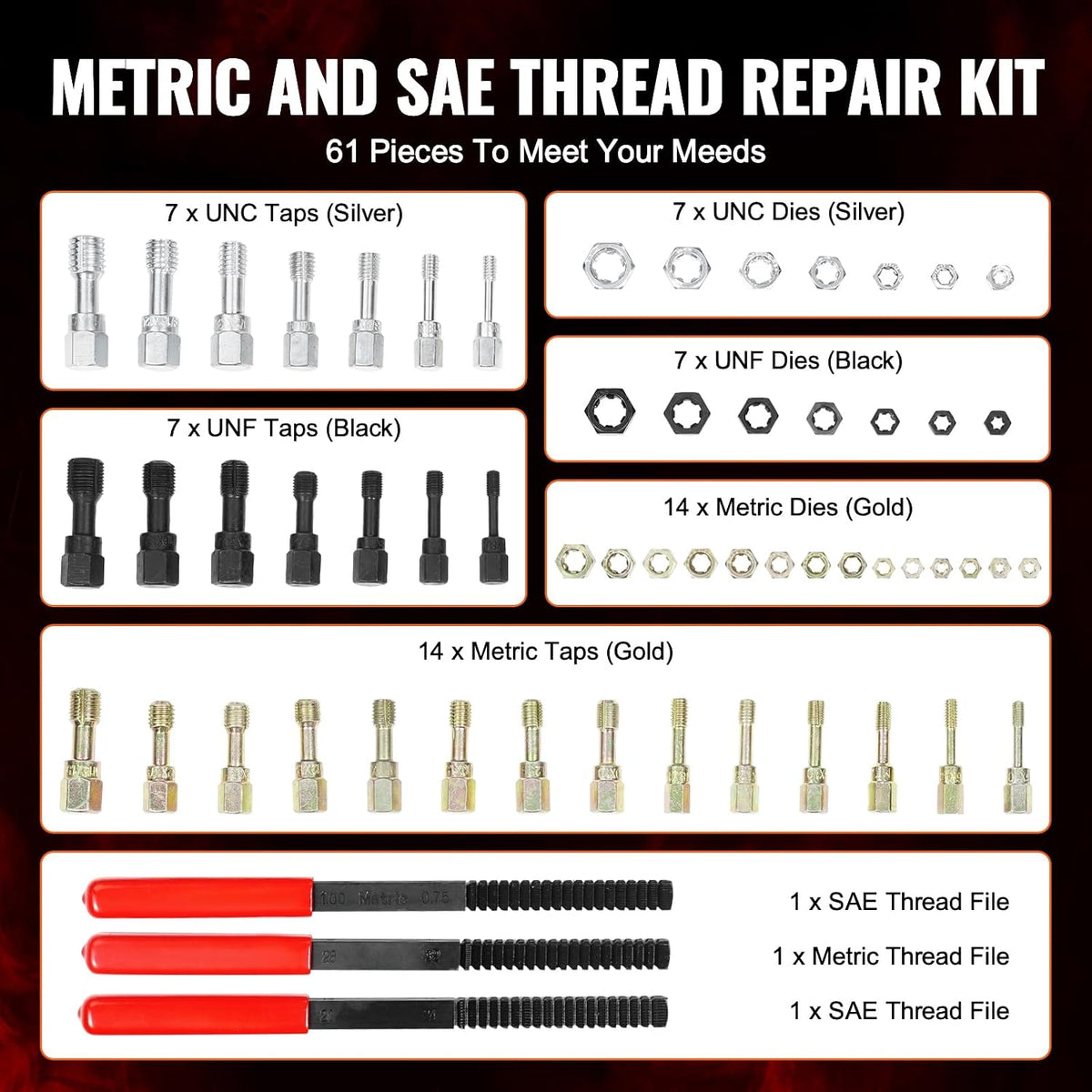 VEVOR Thread Restorer Kit 61Piece Thread Chaser Set - UNC UNF and Metric Thread Restorer Tool wit Thread Files Storage Case - Heat Treated Steel for Mechanics DIY Enthusiasts