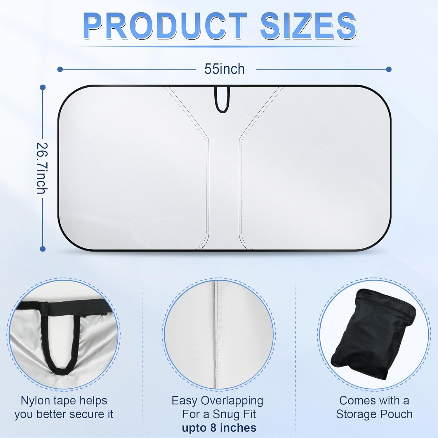 300T Universal Car Windshield Sun Shade, Foldable Reflective for Windshield & Window Shades with Overlapping Design