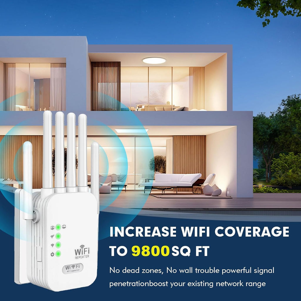 WiFi Repeater, WiFi Extender Signal Booster for Home, 9800 Sq Ft Coverage, Repeater/AP Mode, 6 Antennas, Ethernet