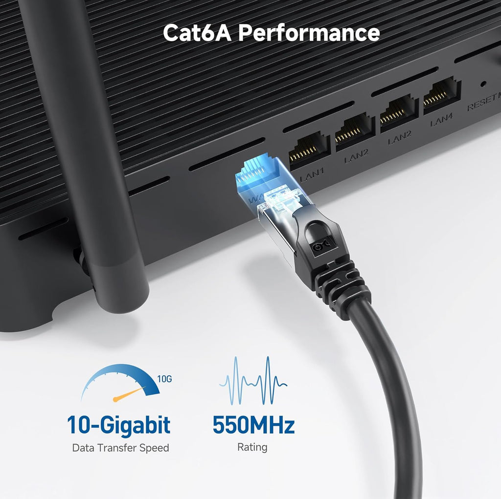 10Gbps Snagless Shielded Cat 6A Ethernet Cable, 50ft, Black | S/FTP Shielded, 26 AWG Bare Copper, 550MHz Bandwidth