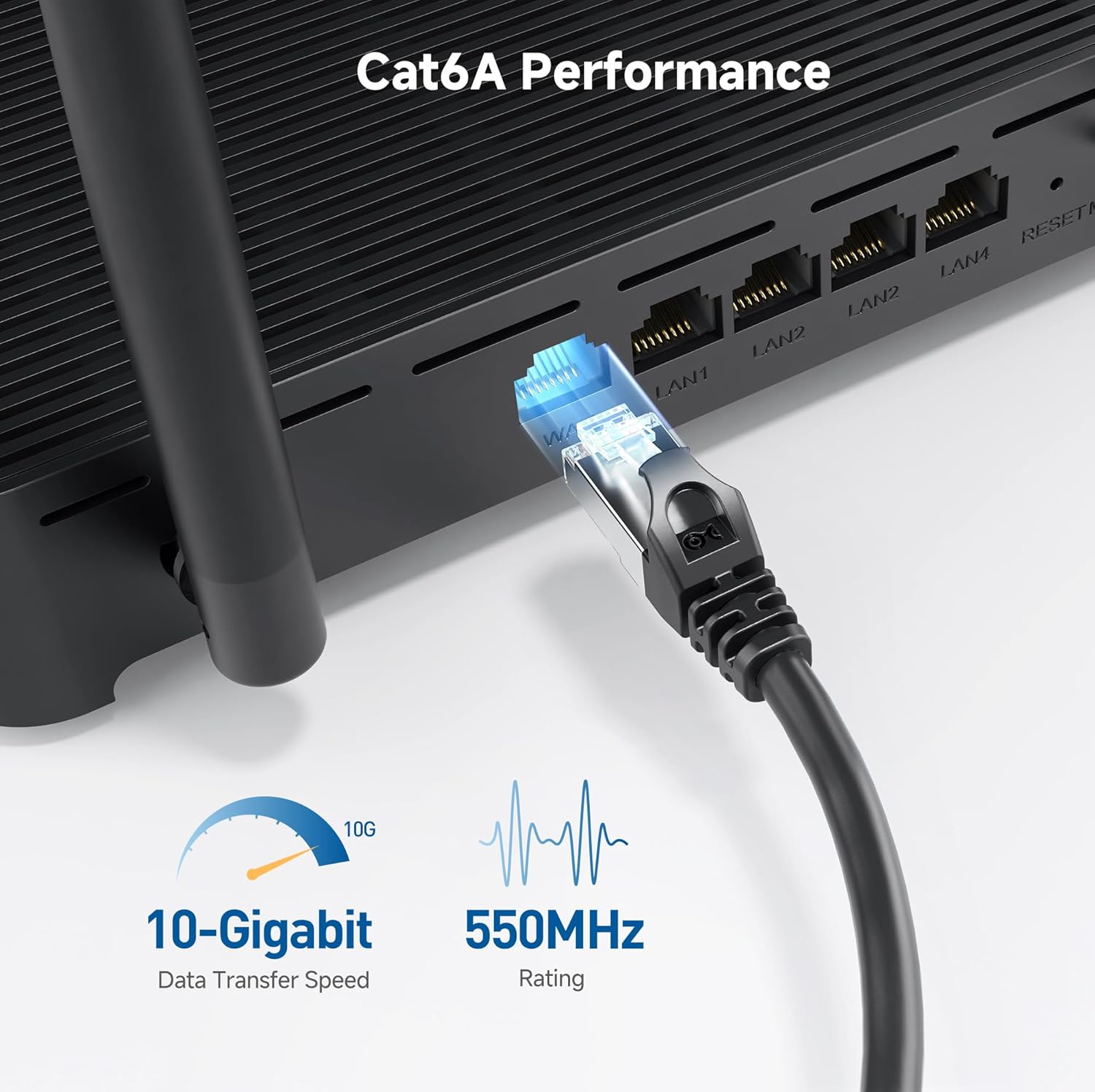 10Gbps Snagless Shielded Cat 6A Ethernet Cable, 50ft, Black | S/FTP Shielded, 26 AWG Bare Copper, 550MHz Bandwidth