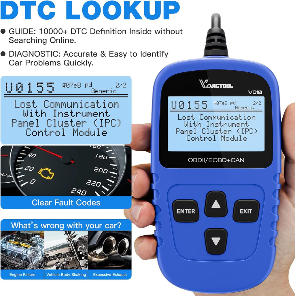 VD10 OBD2 Scanner Code Reader Car Diagnostic Tool Engine Fault Code Reader for Turn Off CEL with Freeze Frame/I/M