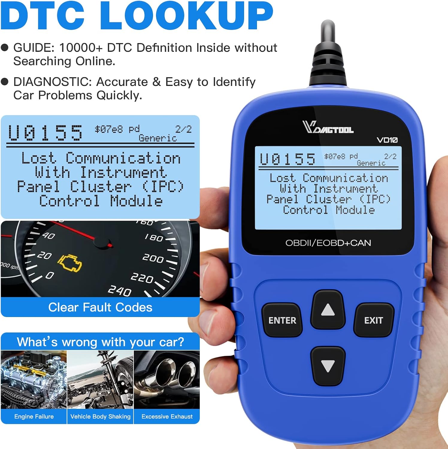 VD10 OBD2 Scanner Code Reader Car Diagnostic Tool Engine Fault Code Reader for Turn Off CEL with Freeze Frame/I/M
