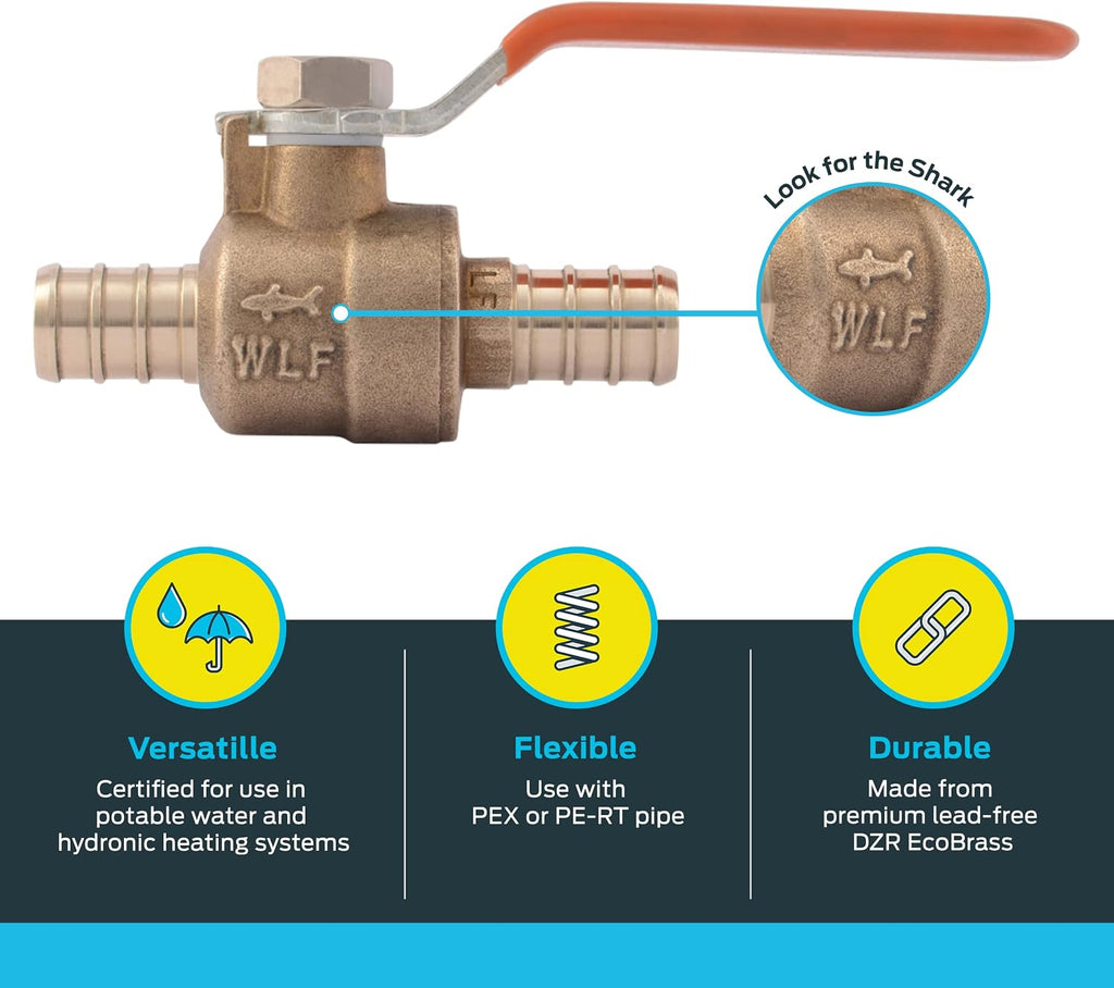 SharkBite 1/2 Inch Crimp Ball Valve, Brass Plumbing Fitting, PEX Pipe, PE-RT, 22461LFA