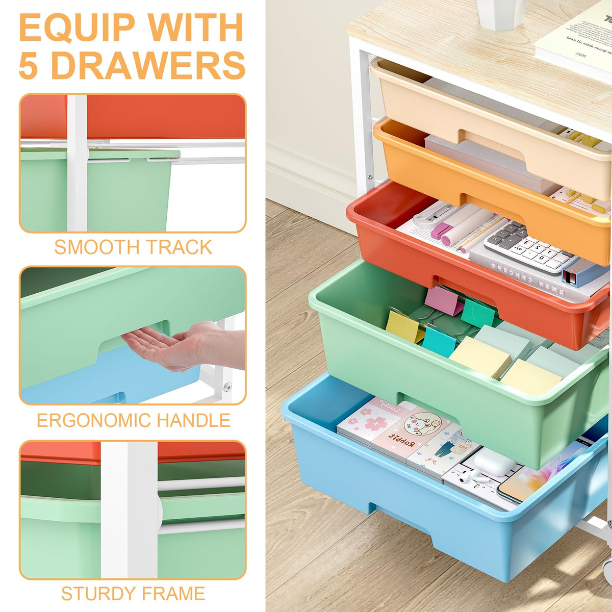 Utility Cart with Drawers,5 Drawers Storage Cart,Macaron