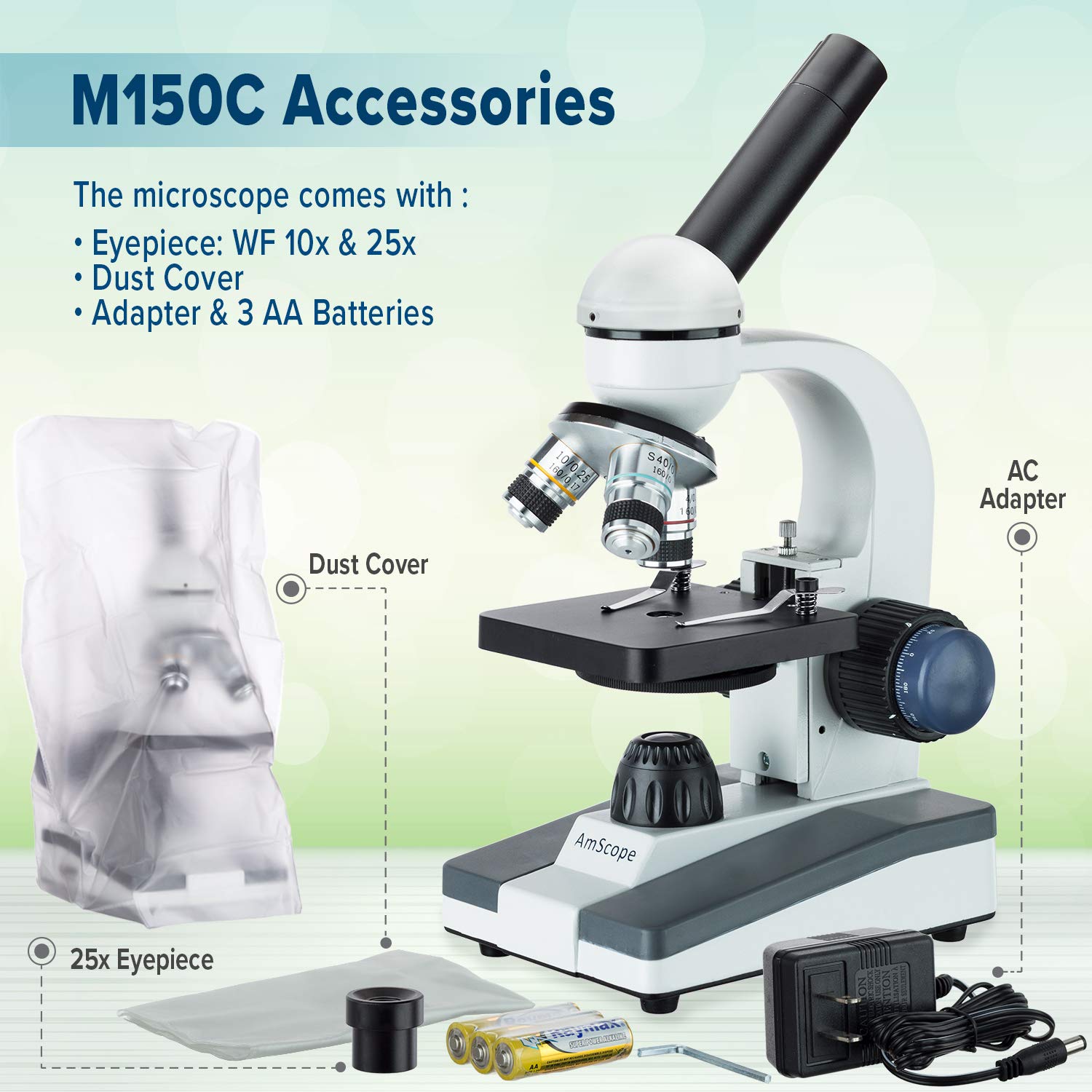 M150C-PS25 Series Portable Monocular Compound Microscope - 1000X | 40X-1000X Magnification Range Compound Biological