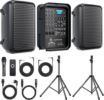 All-in-One 2-Way PA Speaker System DJ Mixer Bundle,300W 8-Channel Mixer Bluetooth, Amplifier Kit with 8" Subwoofer