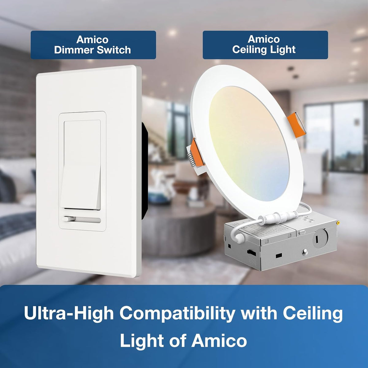 Amico 2 Pack Dimmer Light Switch, 1-Pole or 3-Way, Horizontal Slide, White