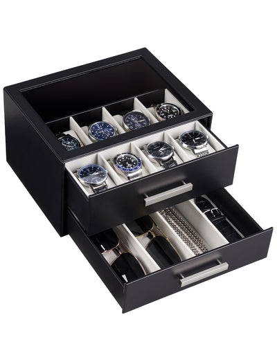 8-Slot Watch Case for Men, 2-Tier Pull-Out Drawer Sunglasses Holder