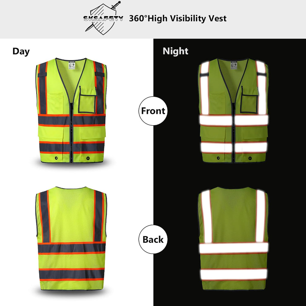 10 Pockets Safety Vest, Class 2 High Visibility Security with Zipper Back Mesh, Hi Vis Vest with Reflective Strips