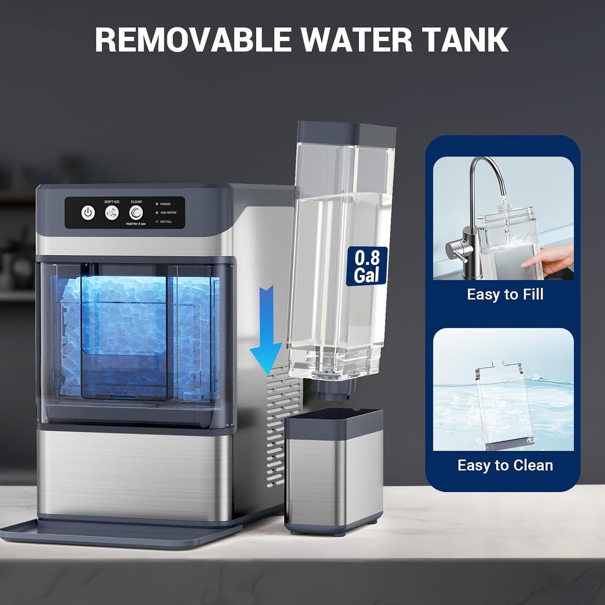 Nugget Ice Maker, 44Lbs/24H Ice Maker Countertop with 3L+1.2L Water Tanks
