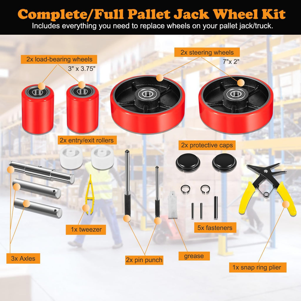 Pallet Jack/Truck Full Wheel Replacement Kit, Pair Steering Wheels (7"x 2"), Pair Front Load Roller(3" x 3.75"), with