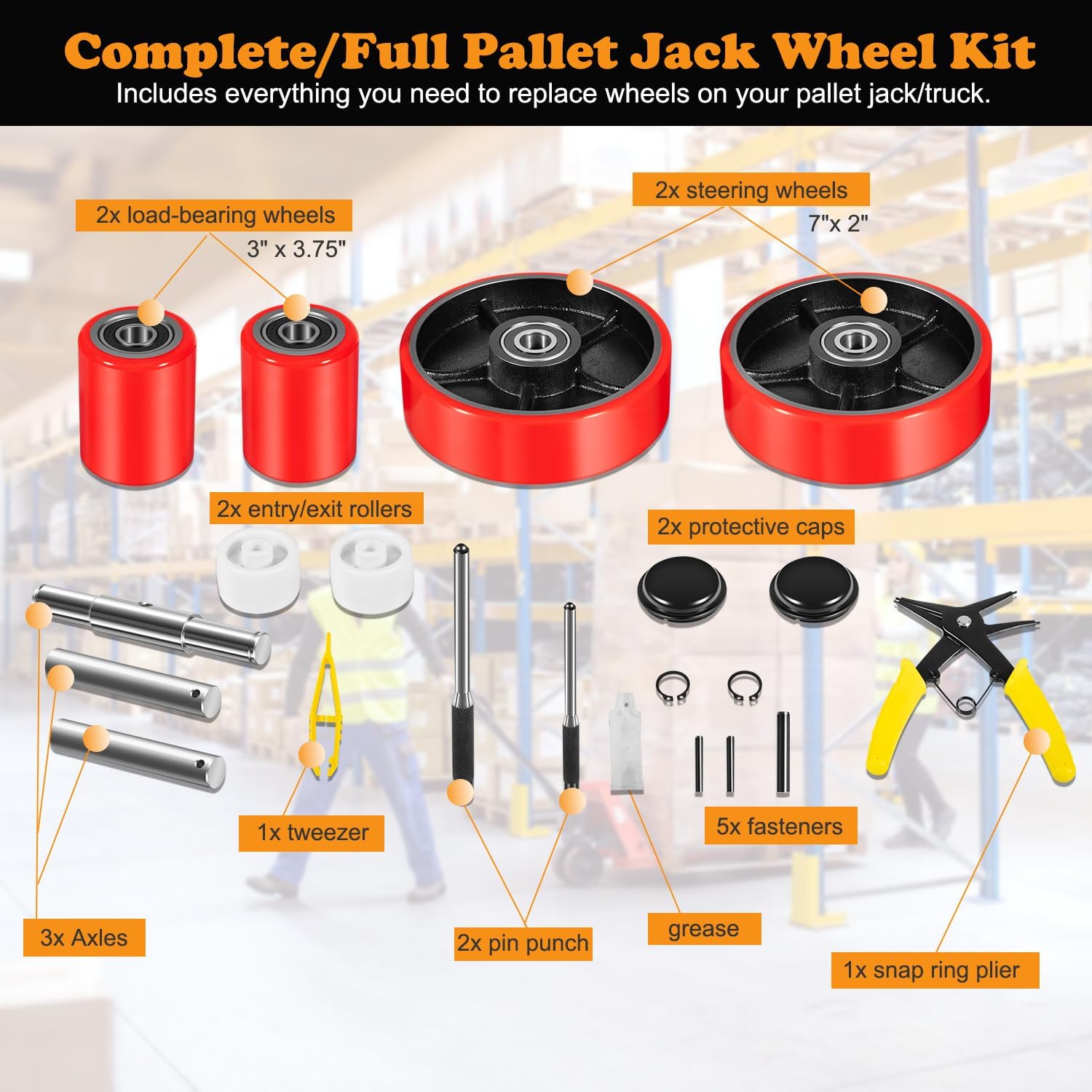 Pallet Jack/Truck Full Wheel Replacement Kit, Pair Steering Wheels (7"x 2"), Pair Front Load Roller(3" x 3.75"), with