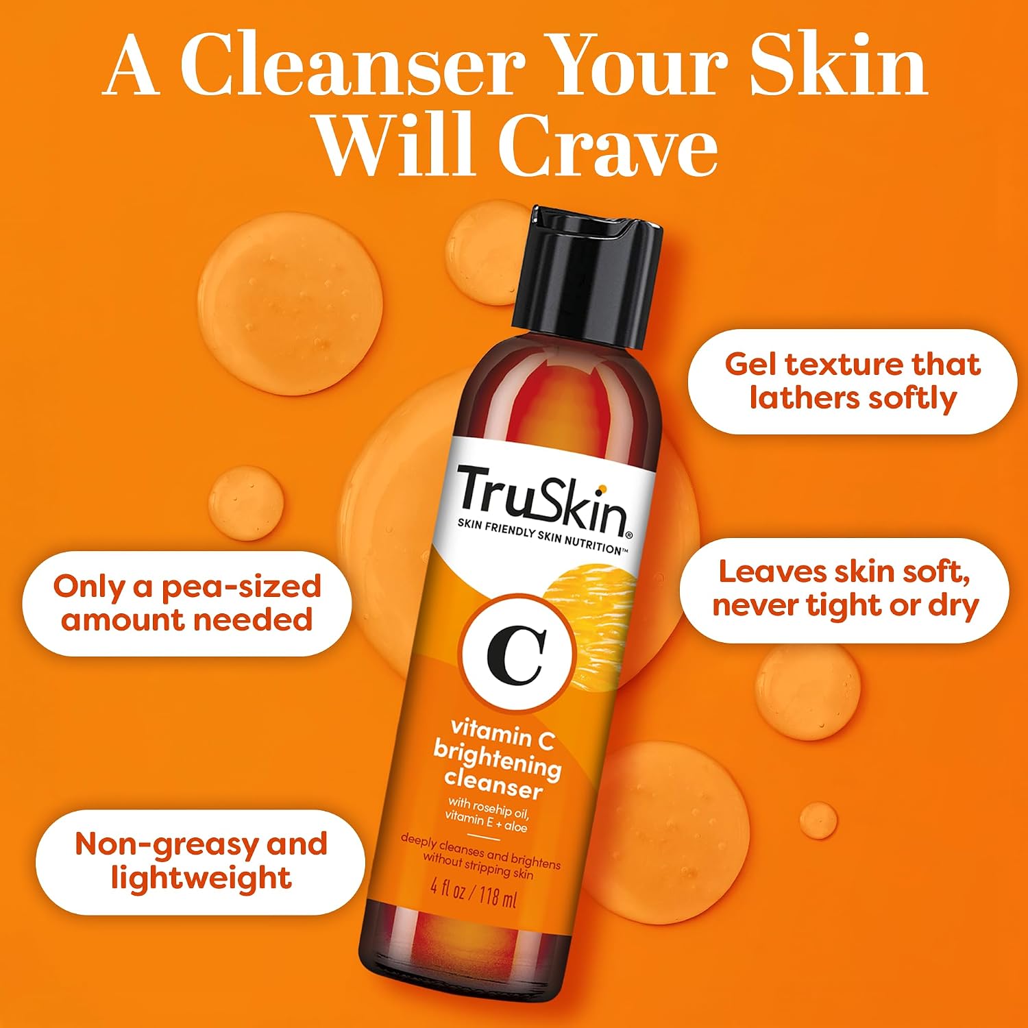 Vitamin C Brightening Face Wash with Rosehip Oil, 4 fl oz | Vitamins C & E, Aloe Vera and MSM gently cleanse, refresh