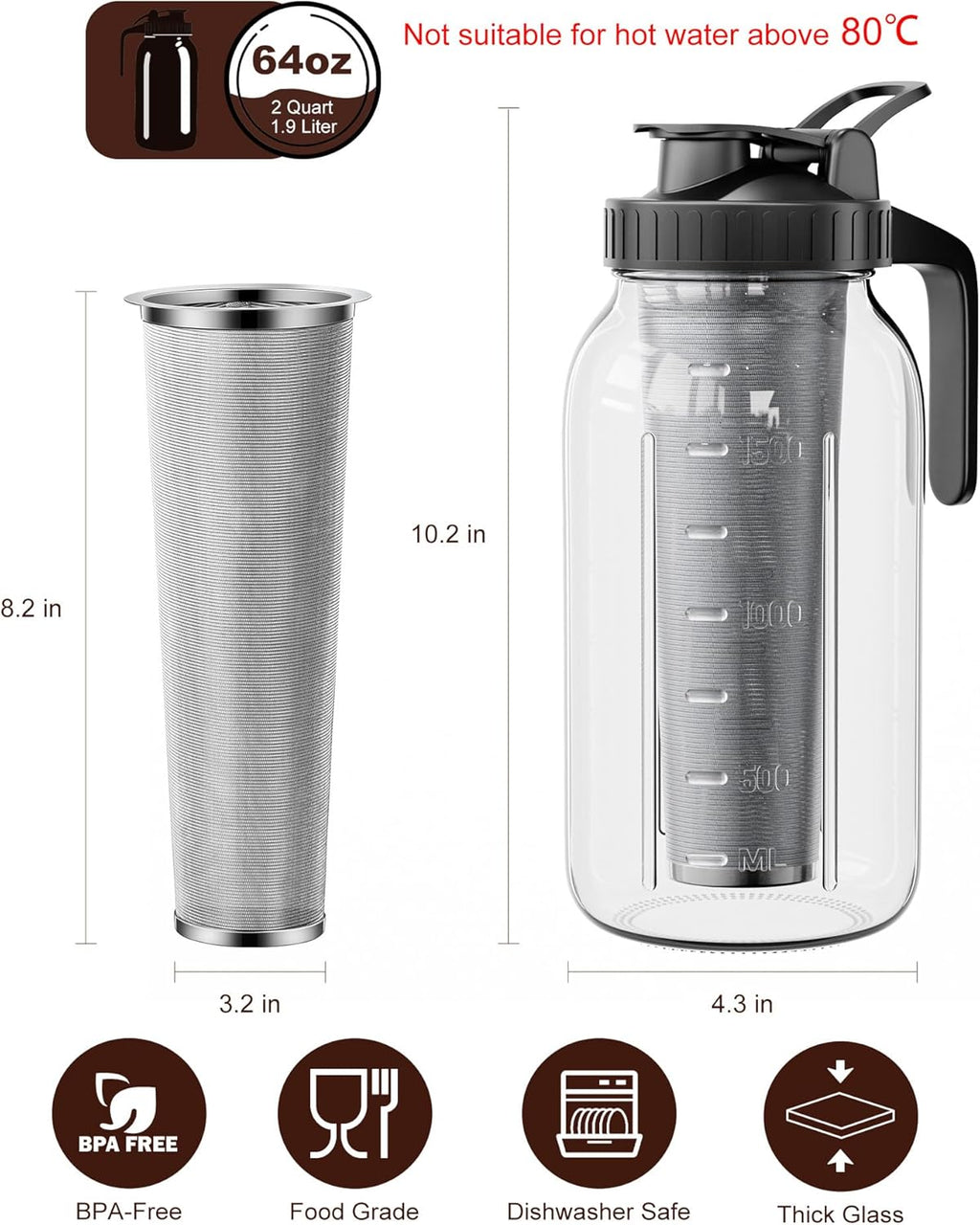 64 oz Cold Brew Coffee Maker, Mason Jar Pitcher with 304 SS Filter | 100μm Fine Mesh, Stainless Steel Filter