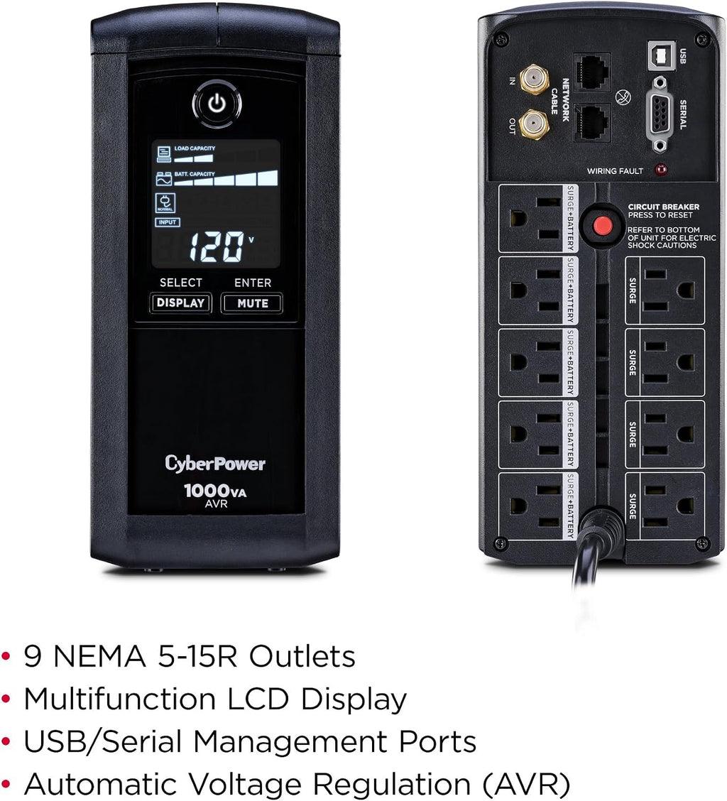 CP1000AVRLCD Intelligent LCD UPS Battery Backup | Surge Protector, 1000VA/600W, 9 Outlets, AVR, Mini-Tower